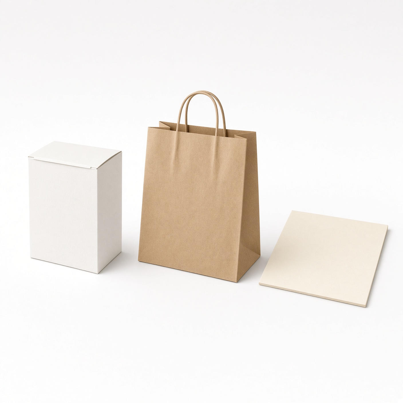 A folding carton, a paper bag, and a sheet of board